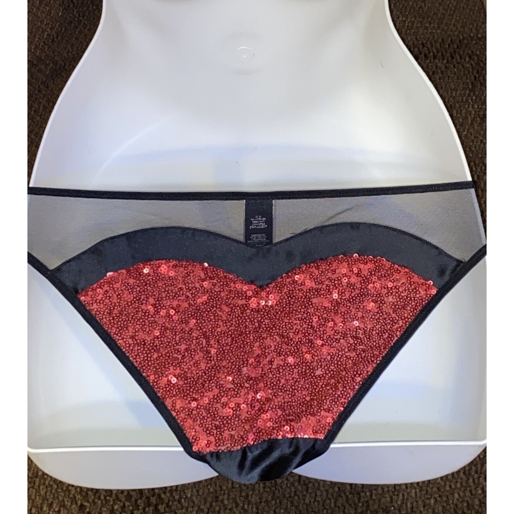 Victoria Secret Heart  panties Valentines Day Black Red Sequence Heart Lingerie